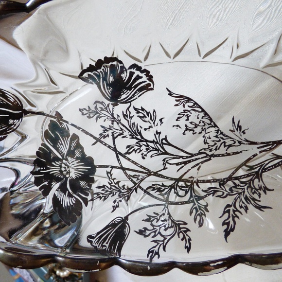VTG STERLING SILVER CITY ON CLEAR CRYSTAL FLANDERS FLOWERS OVAL BOWL PLATE DISH - Picture 3 of 7